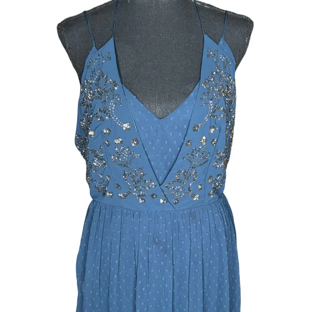 Anthropologie Ranna Gill Lucinda Beaded Maxi Dress Tiered Swiss Dot Halter 8